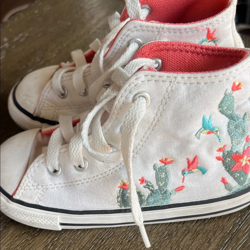Converse White High-Top Kids Sneakers with Pink Lining and Cactus Embroidery - Picture 1 of 5